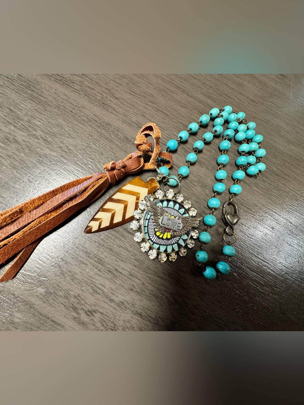 Boho Turquoise Beaded Necklace with Brown Tassel, arrowhead and Love Medallion